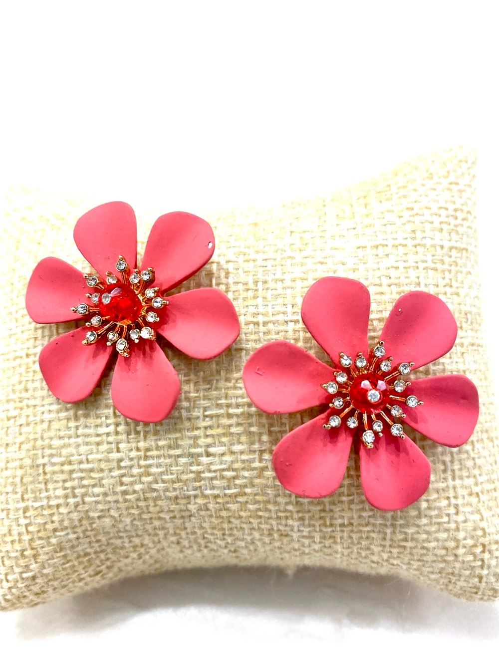 J. Crew Coral Pink Floral Crystal Center Stud Earrings